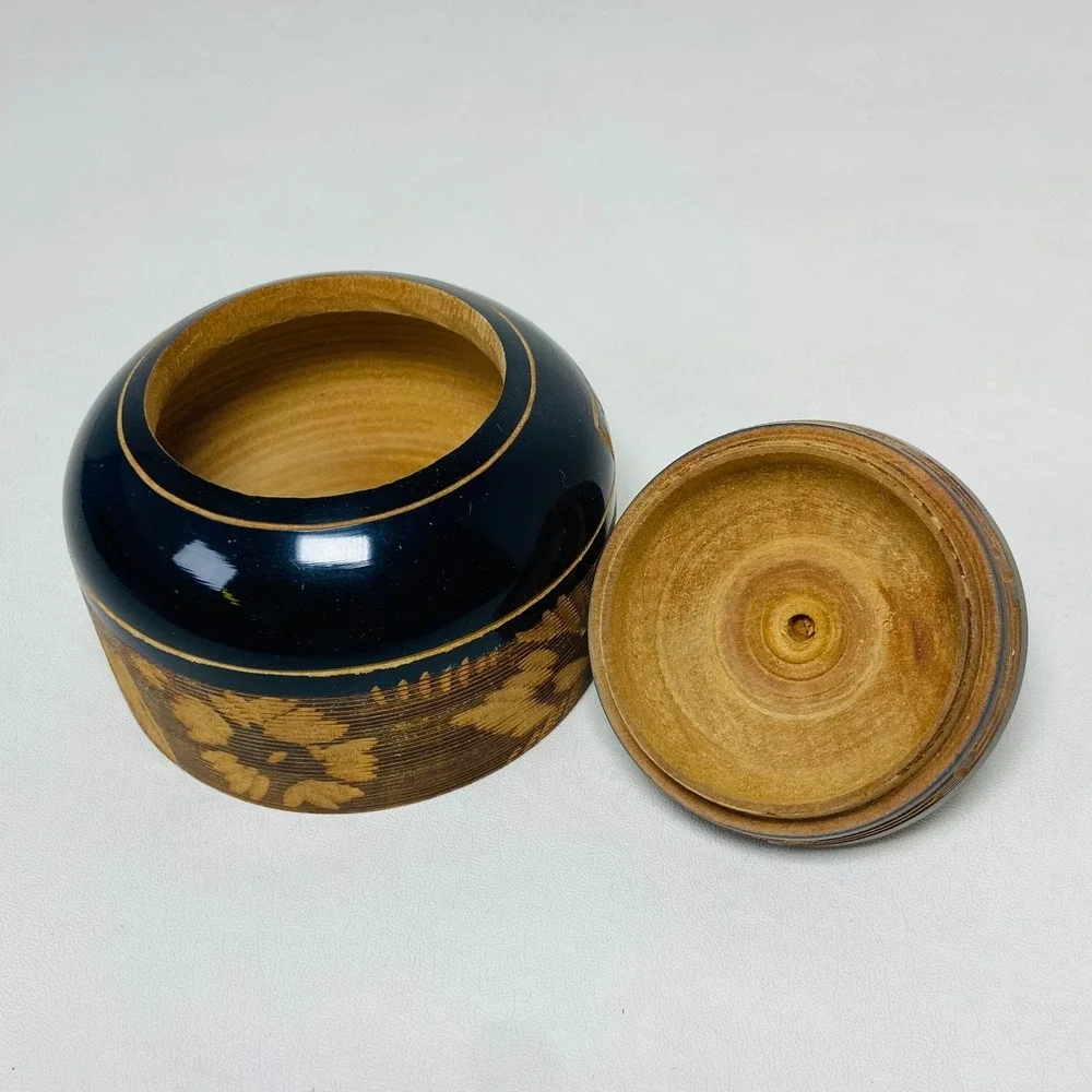VTG Taxco Mexico‎ Handmade Turned Black Floral Wood Lacquer Trinket Jewelry Box
